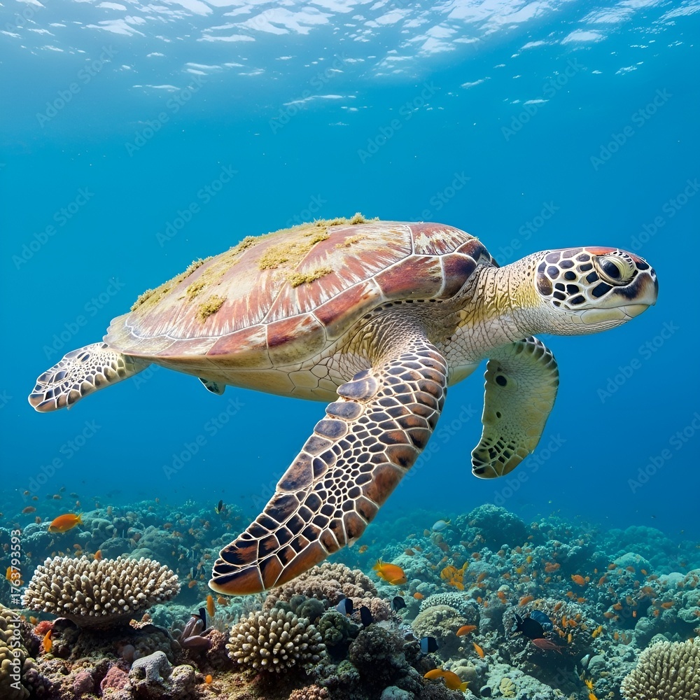 Obraz premium Endangered Sea Turtle Swimming Underwater for Wildlife Conservation Day