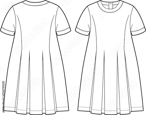 Women's pleated dress technical sketch, short sleeve, round neckline, flared silhouette, buttoned back closure, stitched hem, cad drawing flat vector illustration