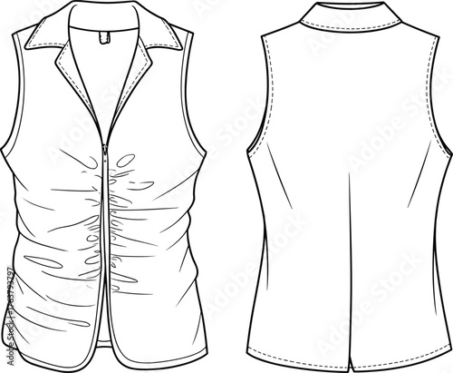 Women's sleeveless blouse technical sketch, collared neckline, ruched side detail, front zipper closure, curved hem, back seam, cad drawing flat vector illustrationWomen's sleeveless blouse technical 