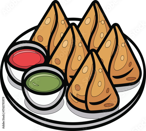 Hot samosa plate illustration with green and red chutney