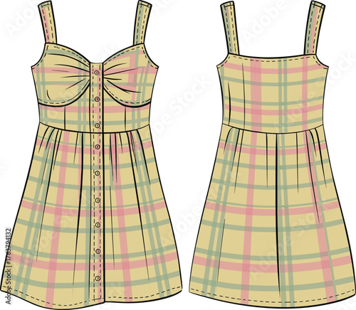 Women's sleeveless plaid dress technical sketch, button-down bodice, gathered bust, pleated flared skirt, shoulder straps, cad drawing flat vector illustration