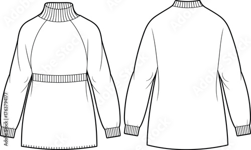 Women's sweater dress technical sketch, ribbed turtleneck, raglan sleeve, waistband detail, curved hem, back view plain, cad drawing flat vector illustration