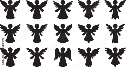 Array of Fifteen Black Angel Silhouettes with Diverse Wing Designs on a White Background