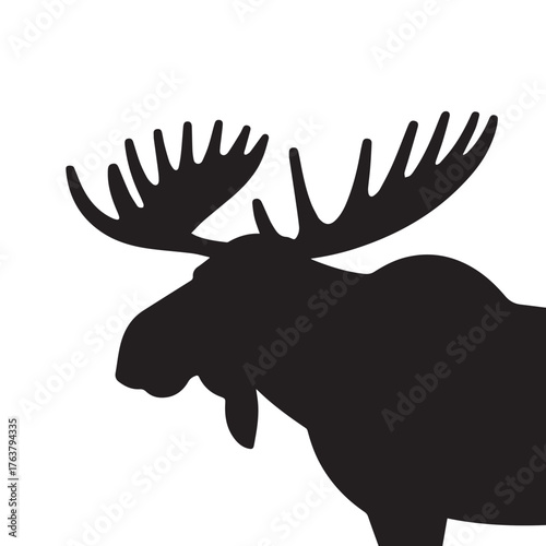 moose silhouette vector illustration features a bold, black outline of a moose standing gracefully against a clean white background. The moose is depicted in profile, showcasing its large, mescal