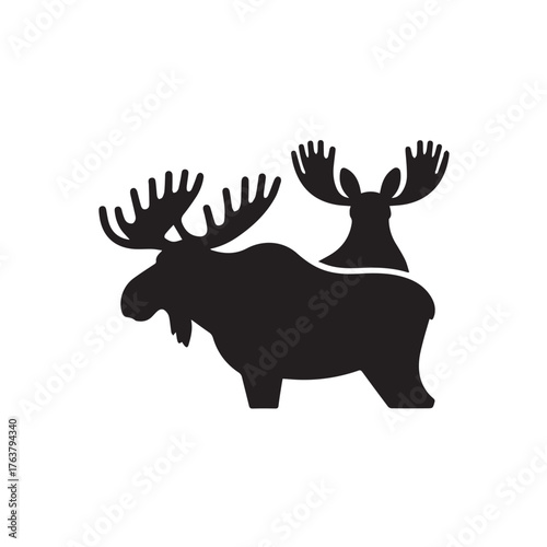 moose silhouette vector illustration features a bold, black outline of a moose standing gracefully against a clean white background. The moose is depicted in profile, showcasing its large, mescal