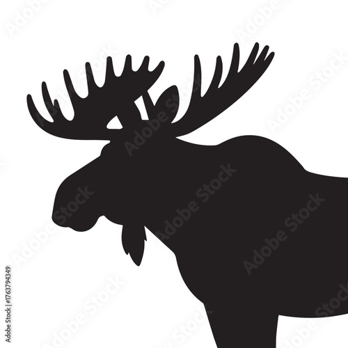 moose silhouette vector illustration features a bold, black outline of a moose standing gracefully against a clean white background. The moose is depicted in profile, showcasing its large, mescal