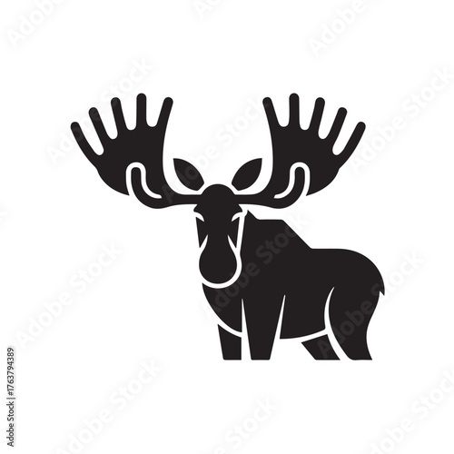 moose silhouette vector illustration features a bold, black outline of a moose standing gracefully against a clean white background. The moose is depicted in profile, showcasing its large, mescal