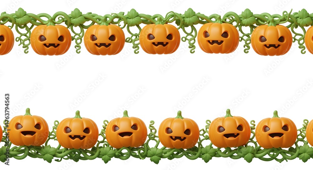 Obraz premium Cute Halloween Pumpkin and Vine Borders with Jack-o'-Lanterns on White Background