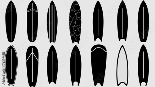 Dynamic collection of surfboards showcasing diverse designs and shapes for water sports enthusiasts