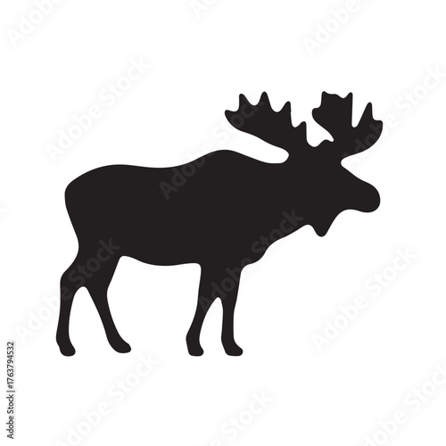 moose silhouette vector illustration features a bold, black outline of a moose standing gracefully against a clean white background. The moose is depicted in profile, showcasing its large, mescal