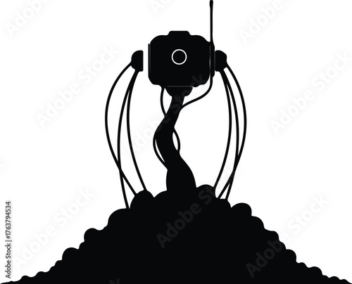 Vector alien machine on hill in black silhouette illustration