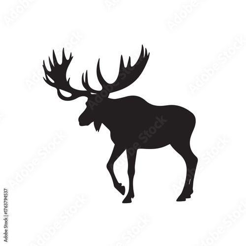 moose silhouette vector illustration features a bold, black outline of a moose standing gracefully against a clean white background. The moose is depicted in profile, showcasing its large, mescal