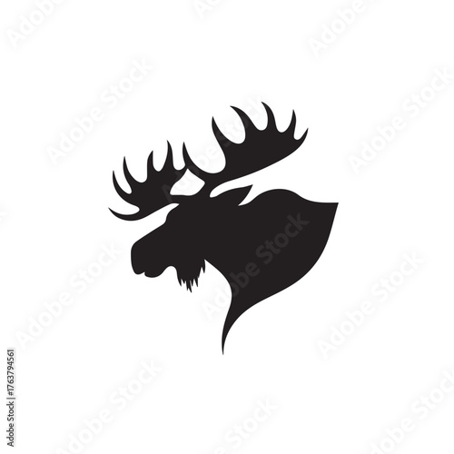 moose silhouette vector illustration features a bold, black outline of a moose standing gracefully against a clean white background. The moose is depicted in profile, showcasing its large, mescal