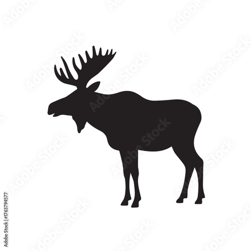 moose silhouette vector illustration features a bold, black outline of a moose standing gracefully against a clean white background. The moose is depicted in profile, showcasing its large, mescal
