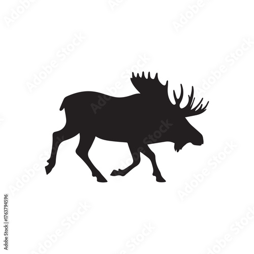 moose silhouette vector illustration features a bold, black outline of a moose standing gracefully against a clean white background. The moose is depicted in profile, showcasing its large, mescal