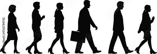 Business people walking silhouettes, black and white vector illustration, professional commute artwork, corporate attire poses, office routine design elements