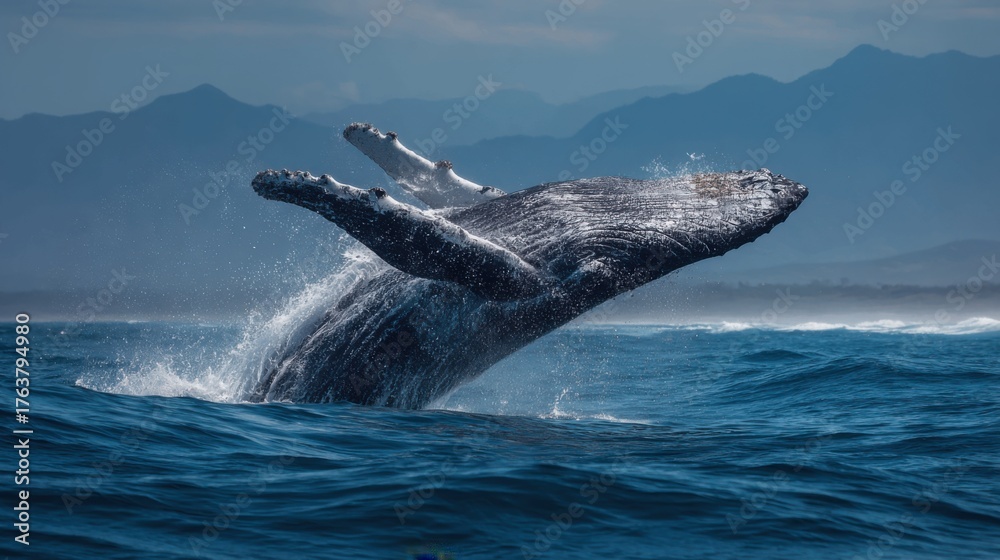 Fototapeta premium Majestic humpback whale bursts out of ocean in stunning breach, creating powerful splash. Blue sea water background. Energy of marine life, natural habitat. Wildlife, adventure, oceanic wonder.