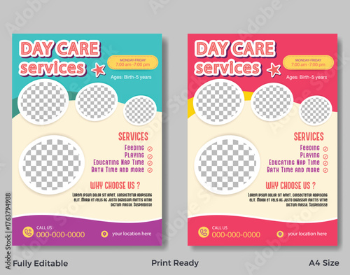 day care, childcare, flyer, template, services, kids, children, education, playing, feeding, nap time, bath time, ages, birth, 5 years, monday, friday, 7am, 7pm, call us, phone number, location, fully
