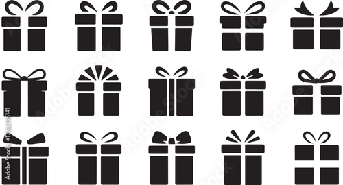 Assorted Black Gift Box Icons with Ribbons, Different Bow Styles, on White Background