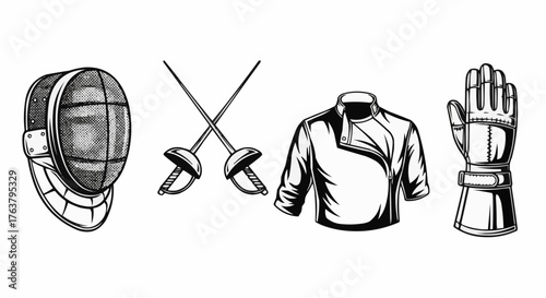 Vintage fencing gear and equipment, showing crossed swords, mask, jacket, and glove