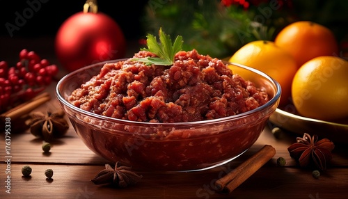 mincemeat gleams in a clear bowl amid vivid fruits and spices on wood