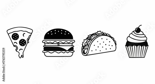 Classic comfort food icons line art pizza burger taco cupcake craving indulgence