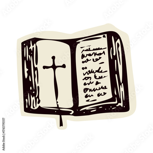Hand drawn bible and cross bookmark for faith based design element. Simple Christianity pilgrimage symbol for believers. 