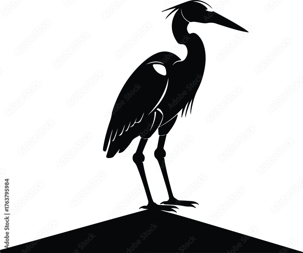 Fototapeta premium Vector Great blue heron standing on land black silhouette illustration
