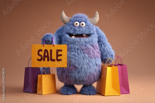 Cute monster holding a sale sign with shopping bags on brown background