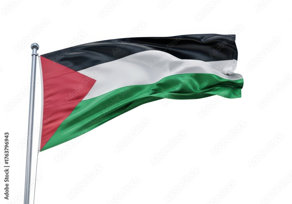 Fototapeta premium Flag of palestine waving on flagpole isolated on white background in studio