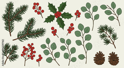 Vector collection of Christmas branches and pine needles in flat minimalist style for holiday cards and packaging.