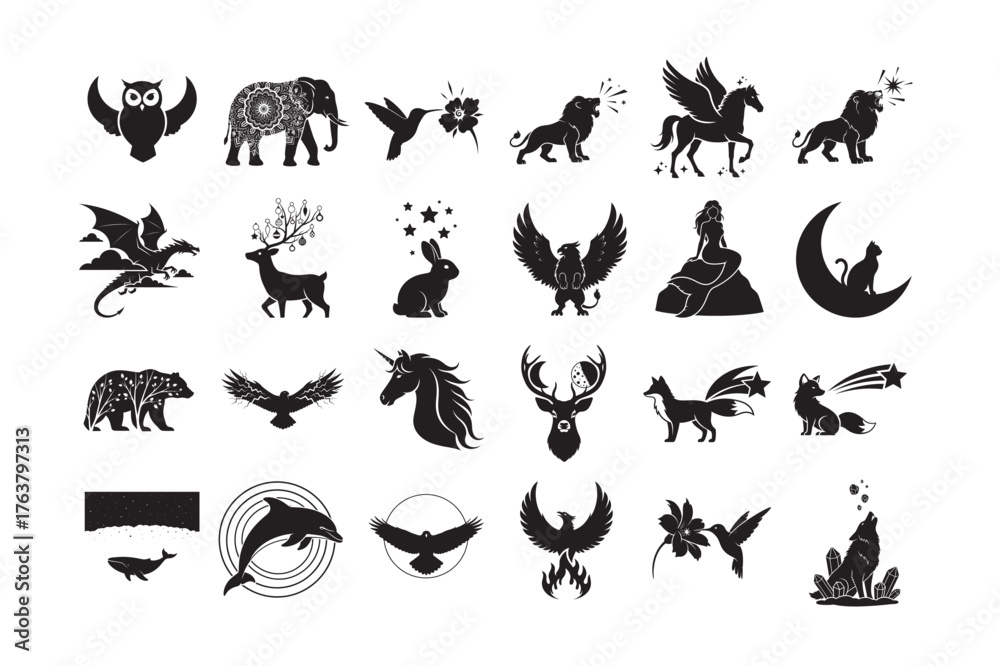 Fototapeta premium 24 Set of Fantasy Animal Silhouette Collection . Magical Creature Vector 