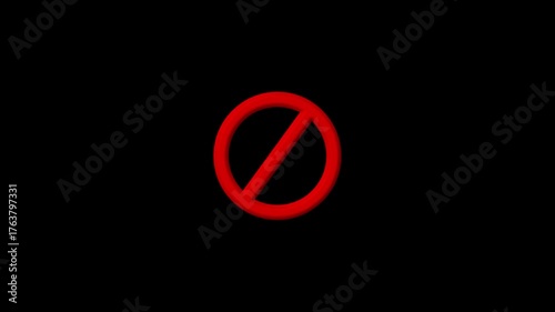Abstract glowing warning, dangerous icon, prohibited and red circle International prohibition icon animation on a black background.