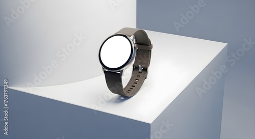Smartwatch with a blank white screen and a leather strap, displayed on a white geometric platform.