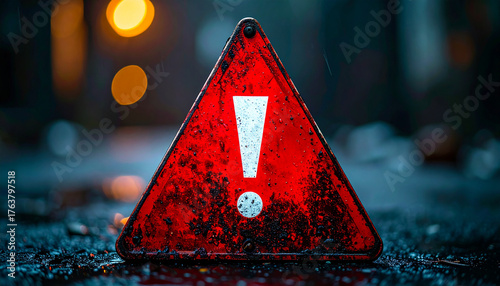 Red triangle warning sign with white exclamation mark, dark blurred background, safety and alert