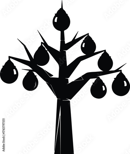 Vector pear tree silhouette with hanging ripe fruits illustration