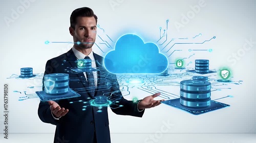Businessman Holding Digital Cloud Illustration with Data Servers on Light Background in Corporate Attire Business Technology Concept Optimized for Adobe Stock