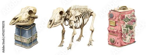 Unique Art Objects Featuring Animal Skeletons and Vintage Items