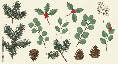 Natural pine cones and evergreen branches illustration in neutral tones, perfect for winter decor and prints.