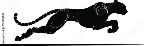 Vector Silhouette of a black leopard pouncing with ground shadow illustration
