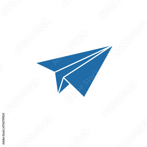 Blue paper airplane vector symbolizing messaging, creativity, flight, and communication in a simple modern flat style