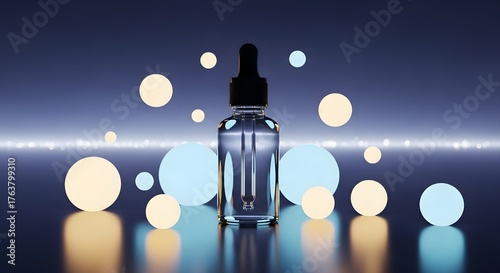 A skincare serum bottle with a dropper surrounded by glowing spheres on a blue gradient background.