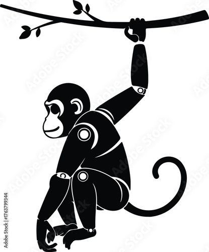 Vector stylized monkey hanging from a branch silhouette illustration