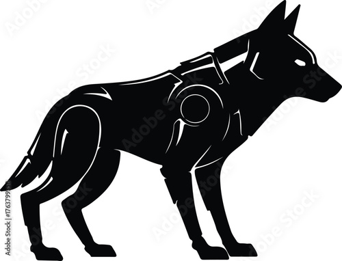 Vector stylized robotic wolf standing guard black silhouette illustration