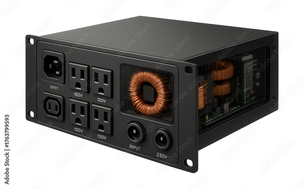 Obraz premium A rack-mounted step-down transformer for efficient power supply in smart home systems.