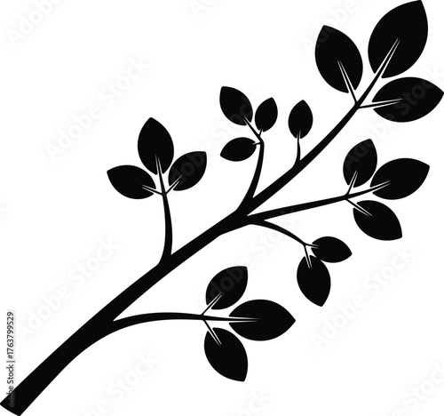 Vector tree branch with leaves minimalist black and white silhouette illustration