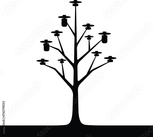 Vector tree decorated with trash can ornaments silhouette illustration
