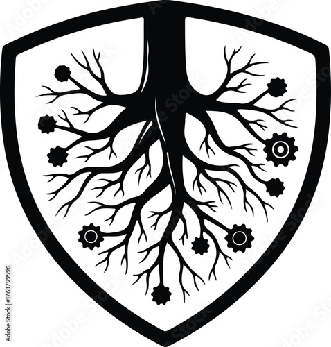 Vector tree roots logo inside shield shape stylized silhouette illustration