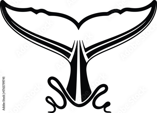Vector whale tail fluke silhouette with decorative swirl elements illustration