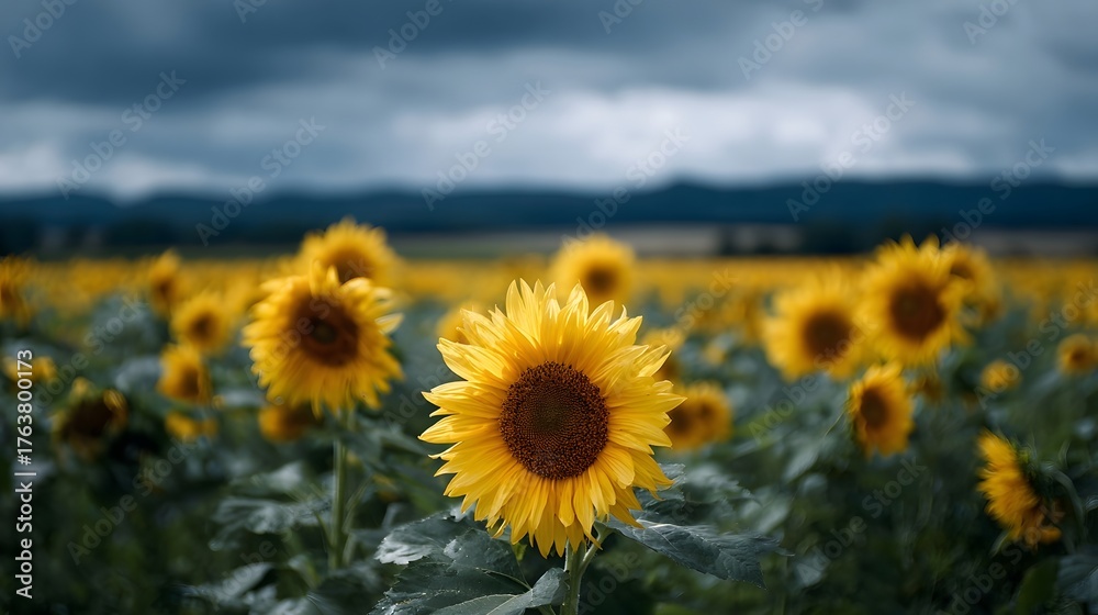 Fototapeta premium A vibrant field of yellow sunflowers under a dramatic cloudy sky with a close up on a single bloom in the foreground